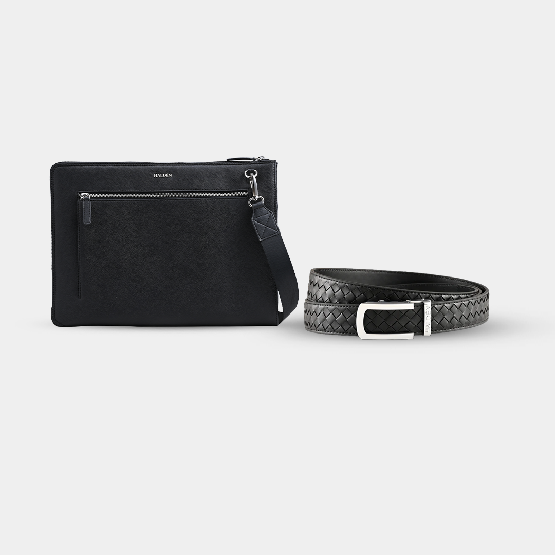 Ryden Black Laptop Bag + Braided Black Belt with Classic Silver Glossy Buckle