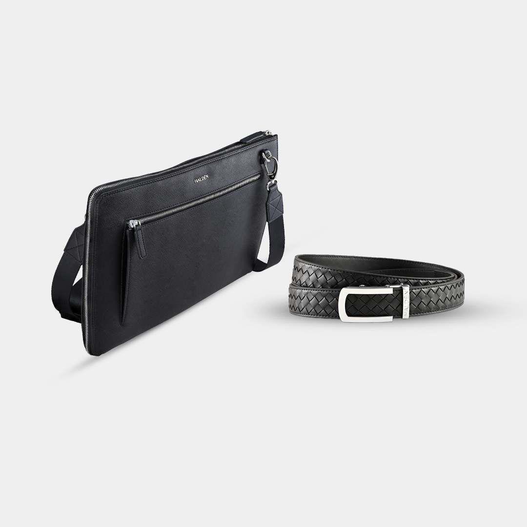 Ryden Black Laptop Bag + Braided Black Belt with Classic Silver Glossy Buckle