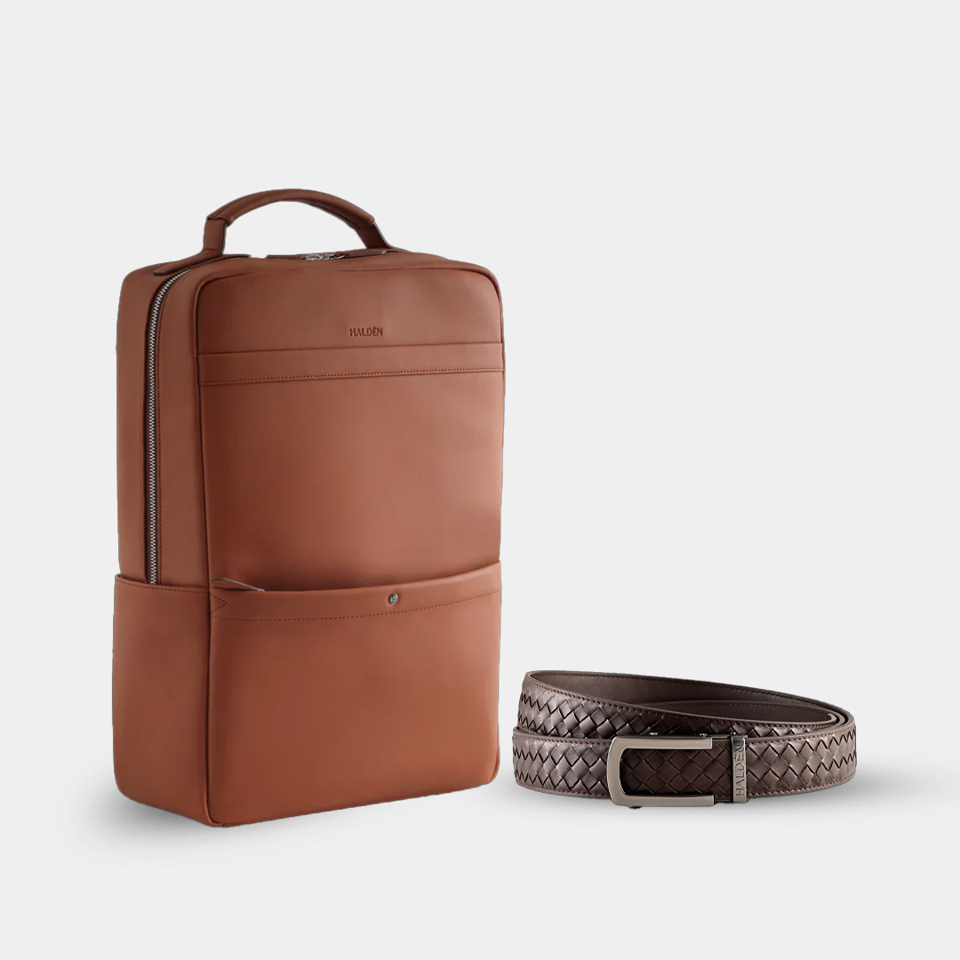 Diego Tan Backpack + Braided Brown Belt with Classic Silver Matt Buckle