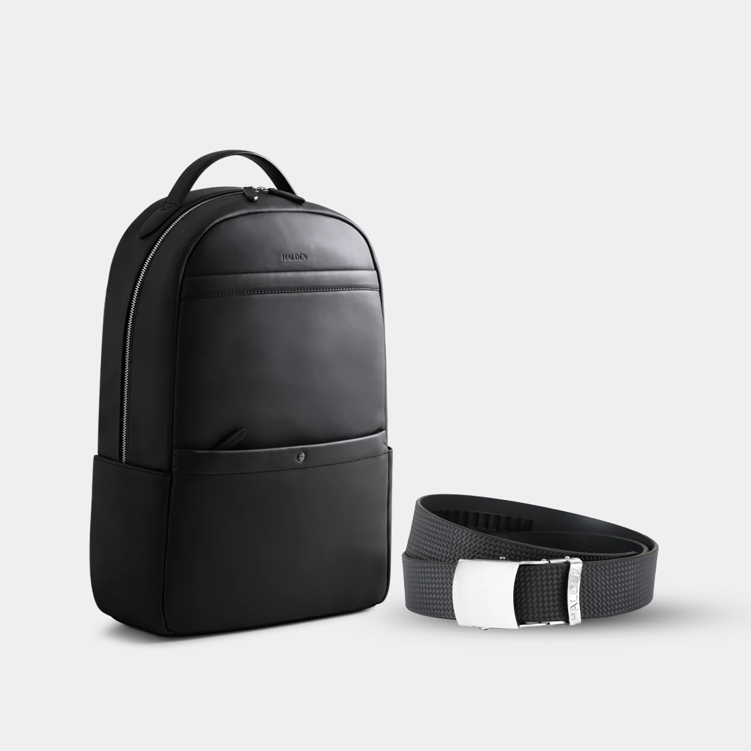 Roster Black Backpack & Weave Black Belt with Vintage Pearl Buckle