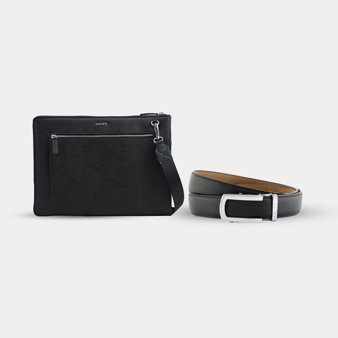 Ryden Black Laptop Bag + Braided Black Belt with Classic Silver Glossy Buckle