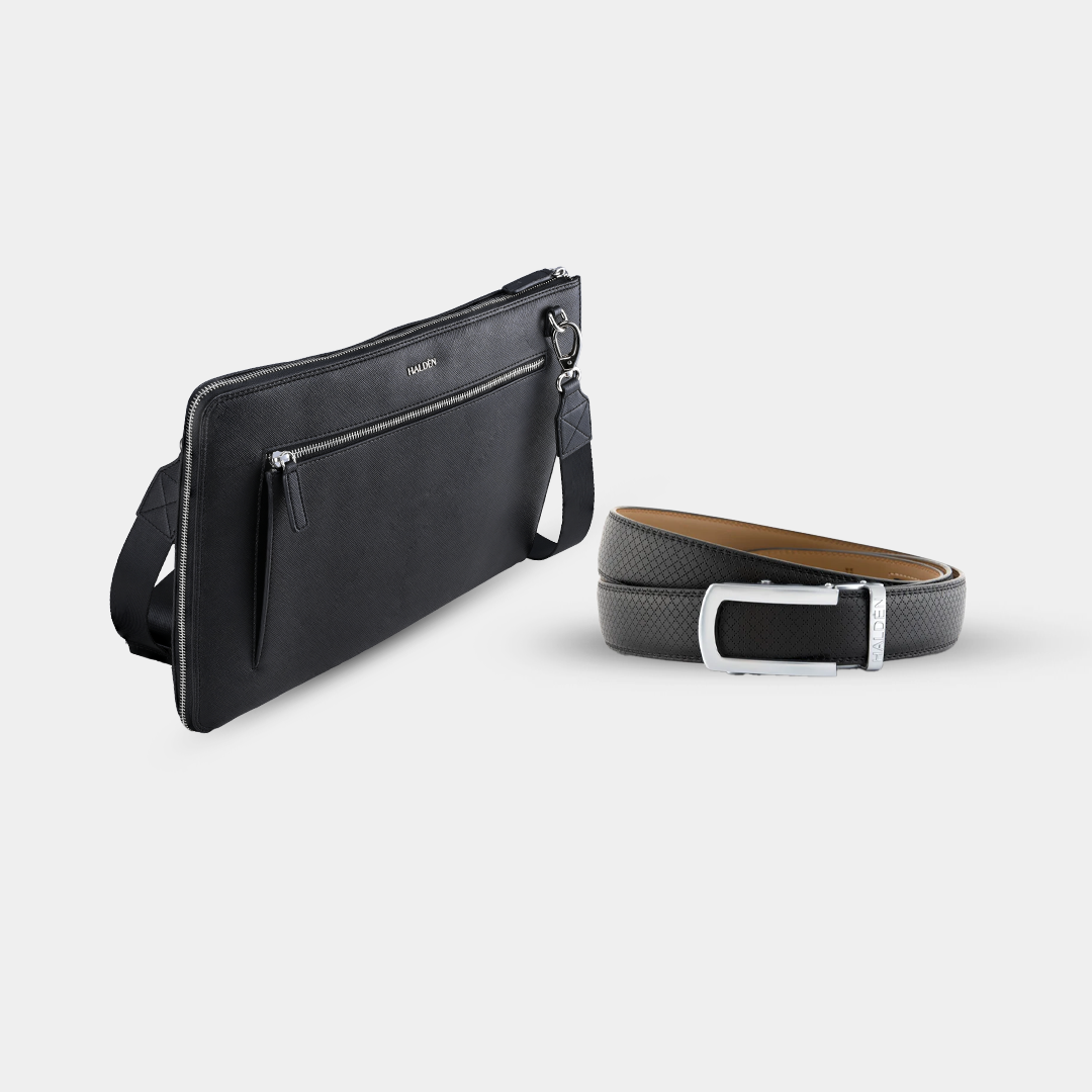 Ryden Black Laptop Bag + Braided Black Belt with Classic Silver Glossy Buckle