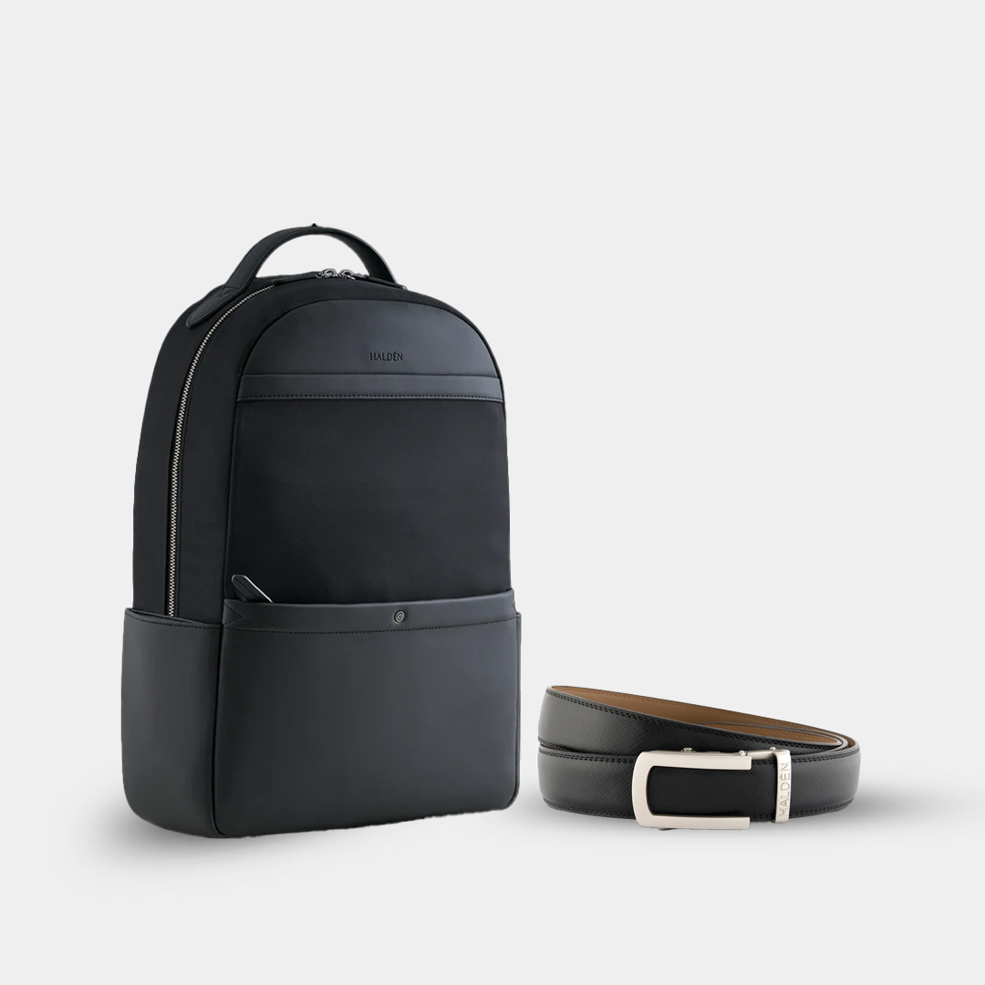 Explorer Black Backpack + Vellano Black Belt with Classic Silver Matt Buckle